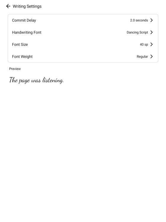 Writing settings screen