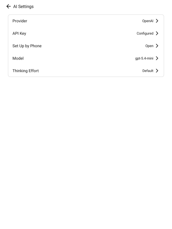 AI provider settings screen